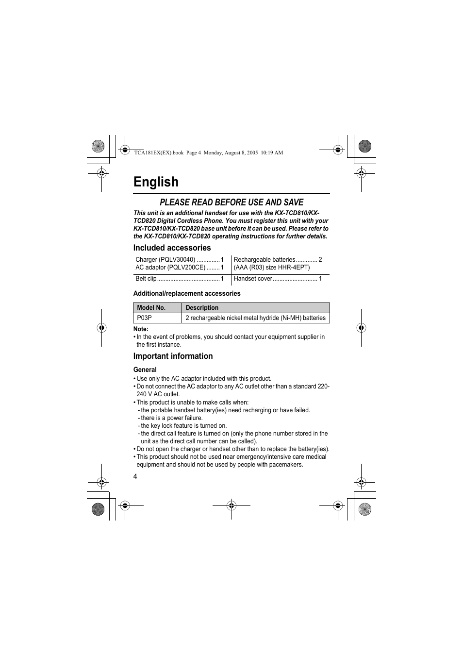 English, Please read before use and save | Panasonic KXTCA181EX User Manual | Page 4 / 72