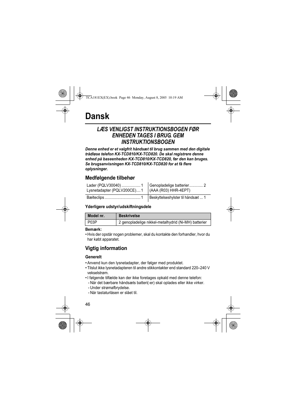 Dansk | Panasonic KXTCA181EX User Manual | Page 46 / 72