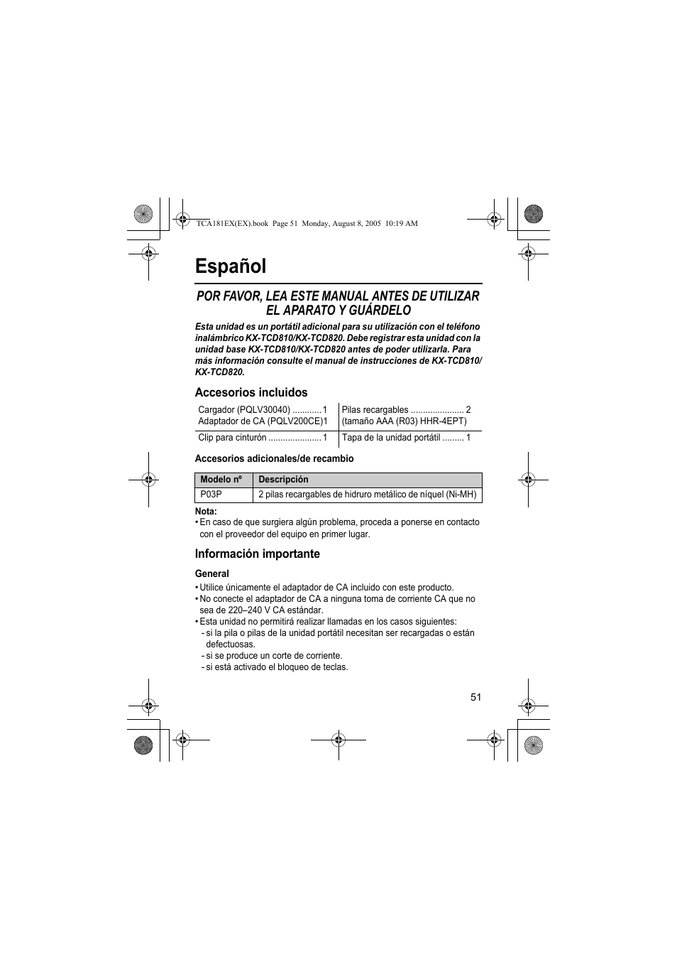 Español | Panasonic KXTCA181EX User Manual | Page 51 / 72