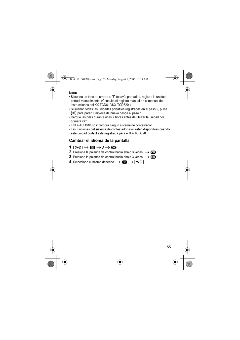 Cambiar el idioma de la pantalla | Panasonic KXTCA181EX User Manual | Page 55 / 72