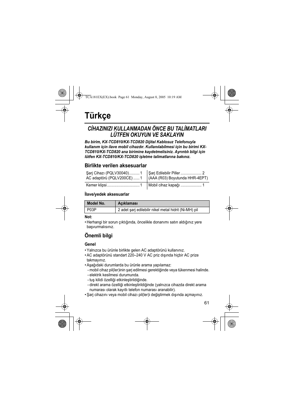 Türkçe | Panasonic KXTCA181EX User Manual | Page 61 / 72