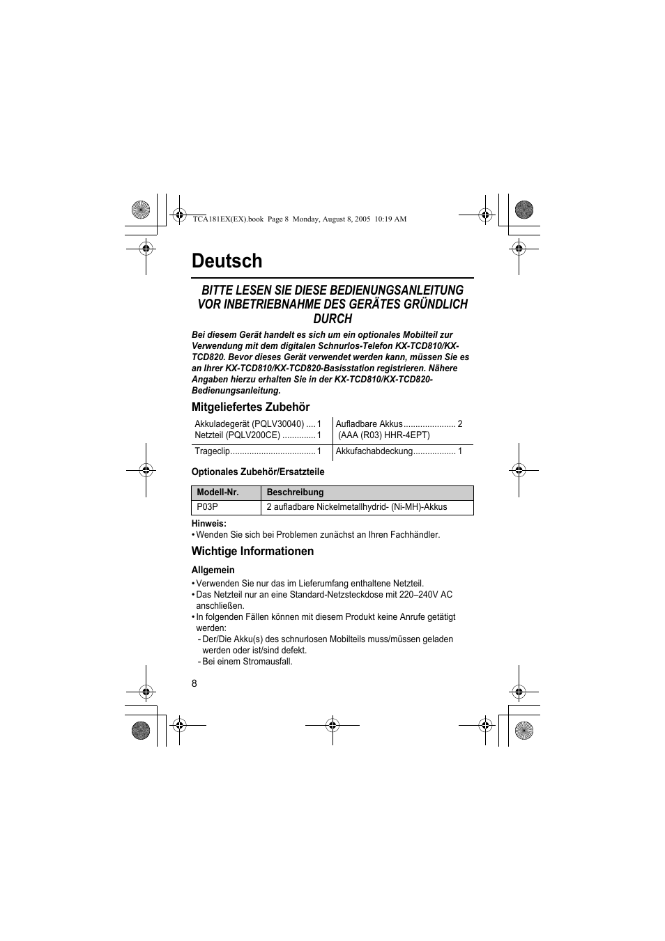 Deutsch | Panasonic KXTCA181EX User Manual | Page 8 / 72