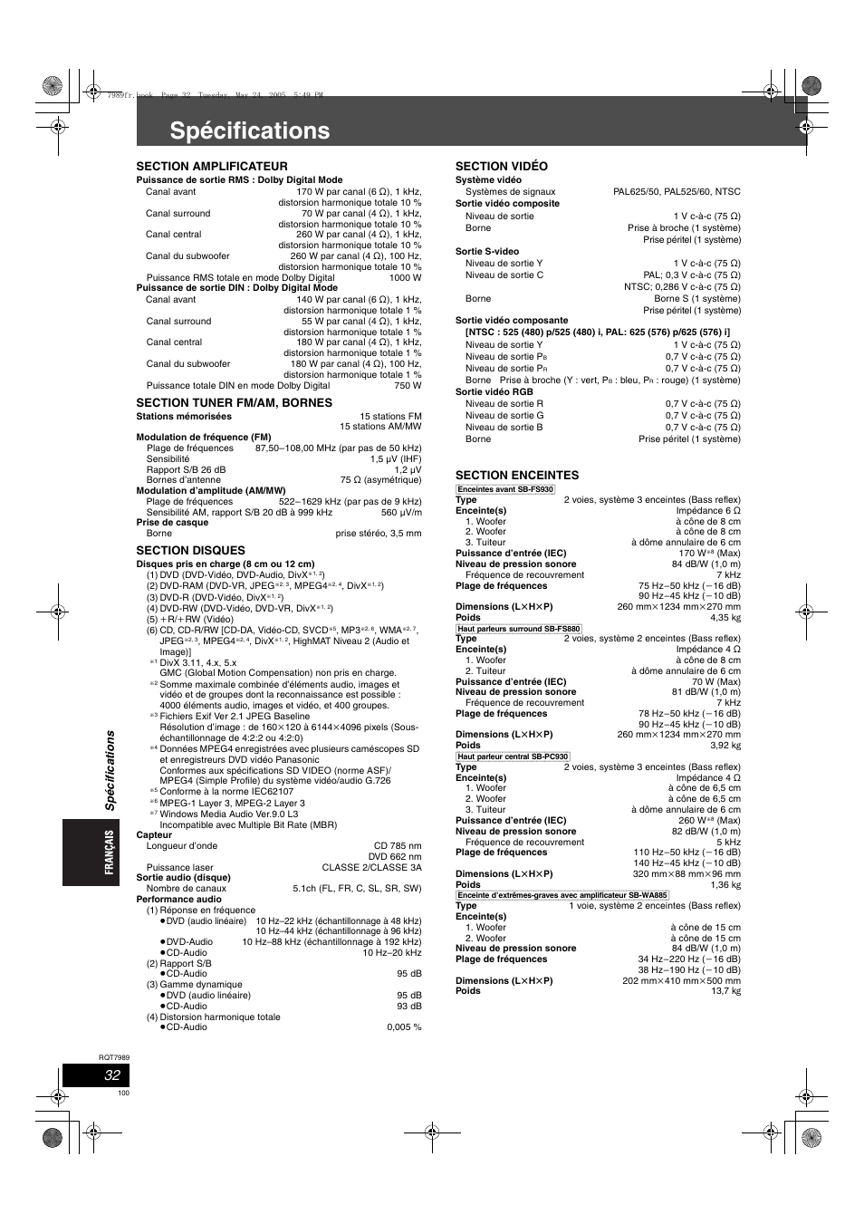 Spécifications | Panasonic SCHT885W User Manual | Page 100 / 104