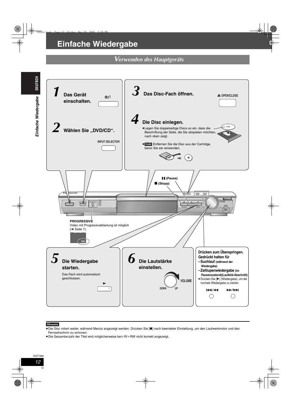 Einfache wiedergabe, Erwenden des hauptgeräts | Panasonic SCHT885W User Manual | Page 12 / 104