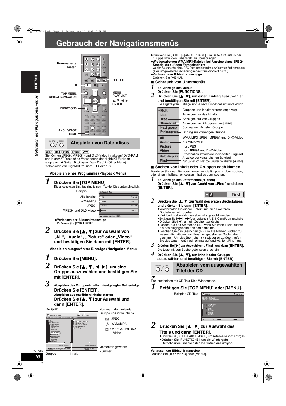 Gebrauch der navigationsmenüs, Abspielen von datendiscs, Abspielen vom ausgewählten titel der cd | Drücken sie [top menu, Drücken sie [menu, Drücken sie [enter, Drücken sie [ 3 , 4 ] zur auswahl und dann [enter, Betätigen sie [top menu] oder [menu, Gebrauch von untermenüs, Suchen von inhalt oder gruppen nach namen | Panasonic SCHT885W User Manual | Page 16 / 104