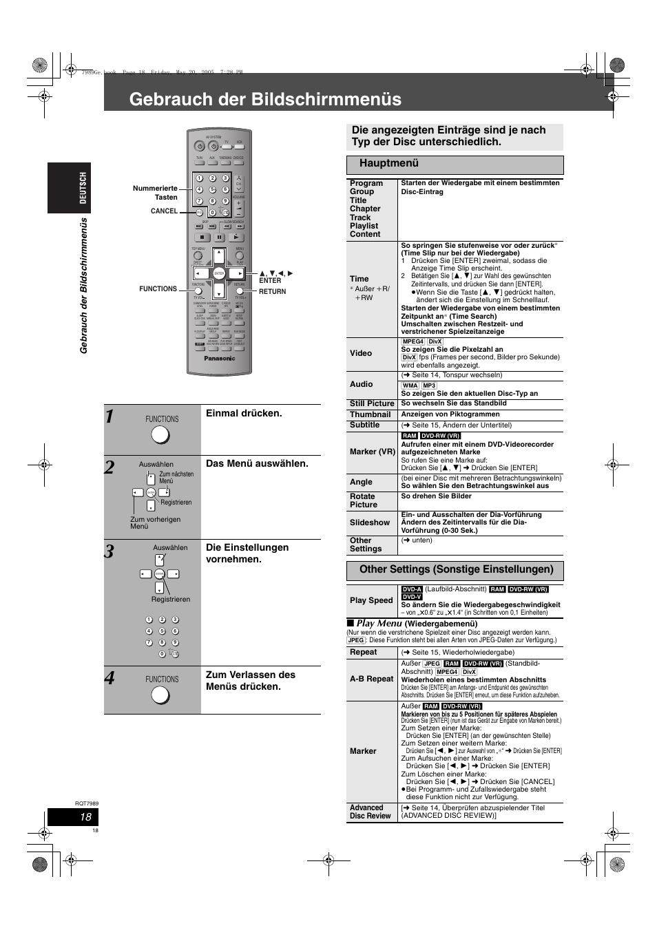 Gebrauch der bildschirmmenüs, Other settings (sonstige einstellungen), Play menu | Einmal drücken, Das menü auswählen, Die einstellungen vornehmen, Zum verlassen des menüs drücken | Panasonic SCHT885W User Manual | Page 18 / 104