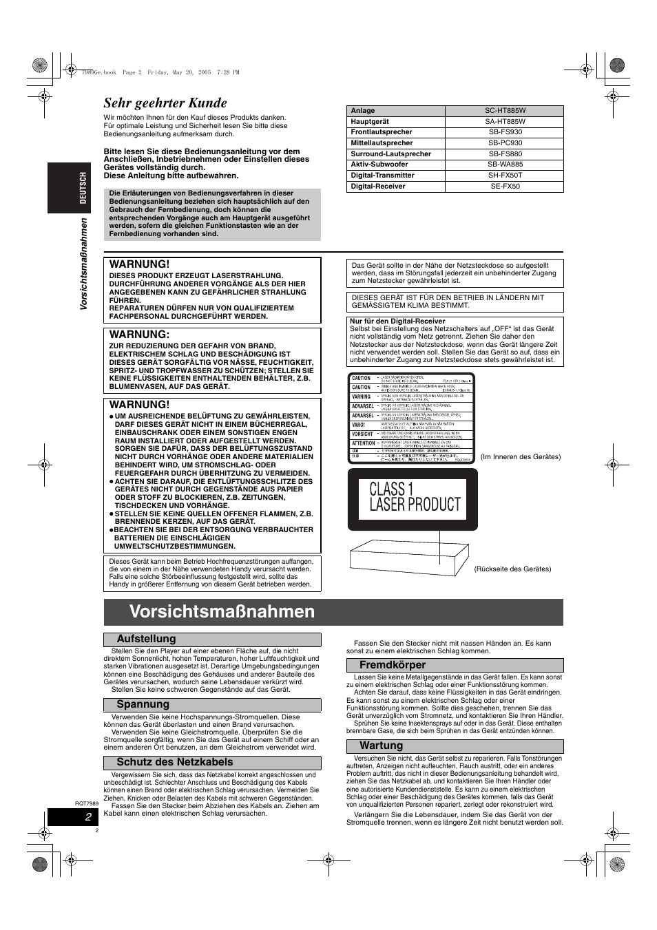 Vorsichtsmaßnahmen, Sehr geehrter kunde, Warnung | Panasonic SCHT885W User Manual | Page 2 / 104