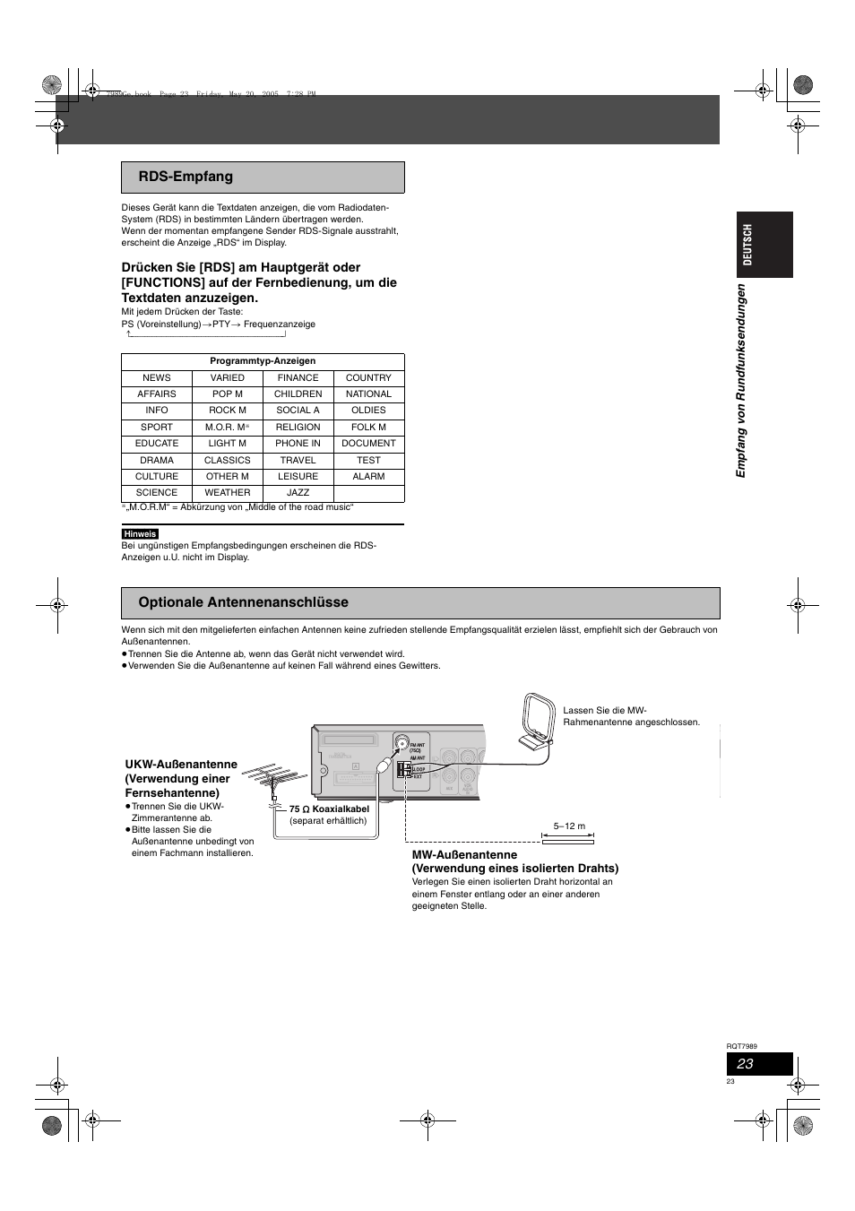 Rds-empfang, Optionale antennenanschlüsse, Em pfa ng v on rundf unk s e ndunge n | Ukw-außenantenne (verwendung einer fernsehantenne) | Panasonic SCHT885W User Manual | Page 23 / 104