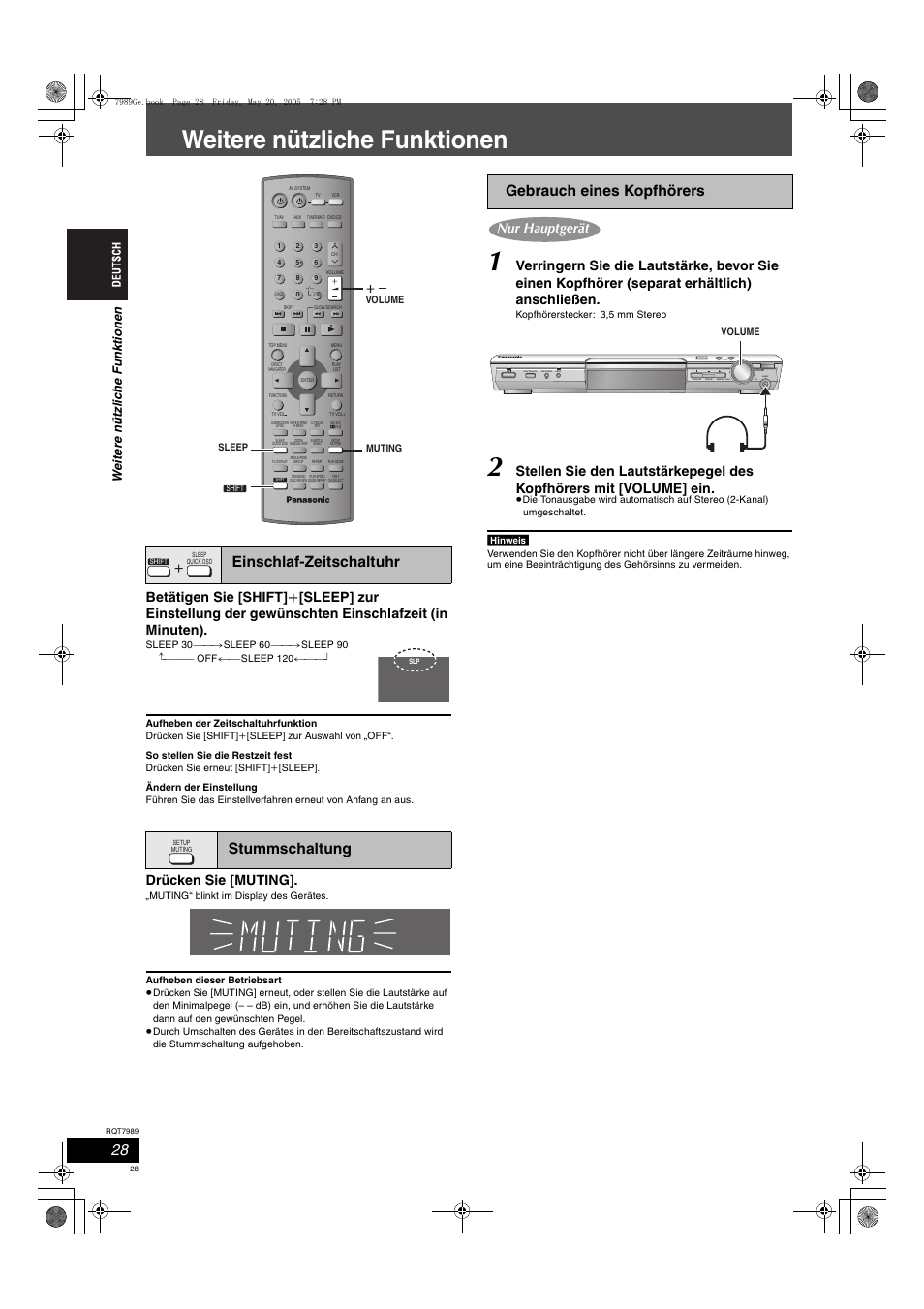 Weitere nützliche funktionen, Einschlaf-zeitschaltuhr stummschaltung, Gebrauch eines kopfhörers | Drücken sie [muting, Open close | Panasonic SCHT885W User Manual | Page 28 / 104