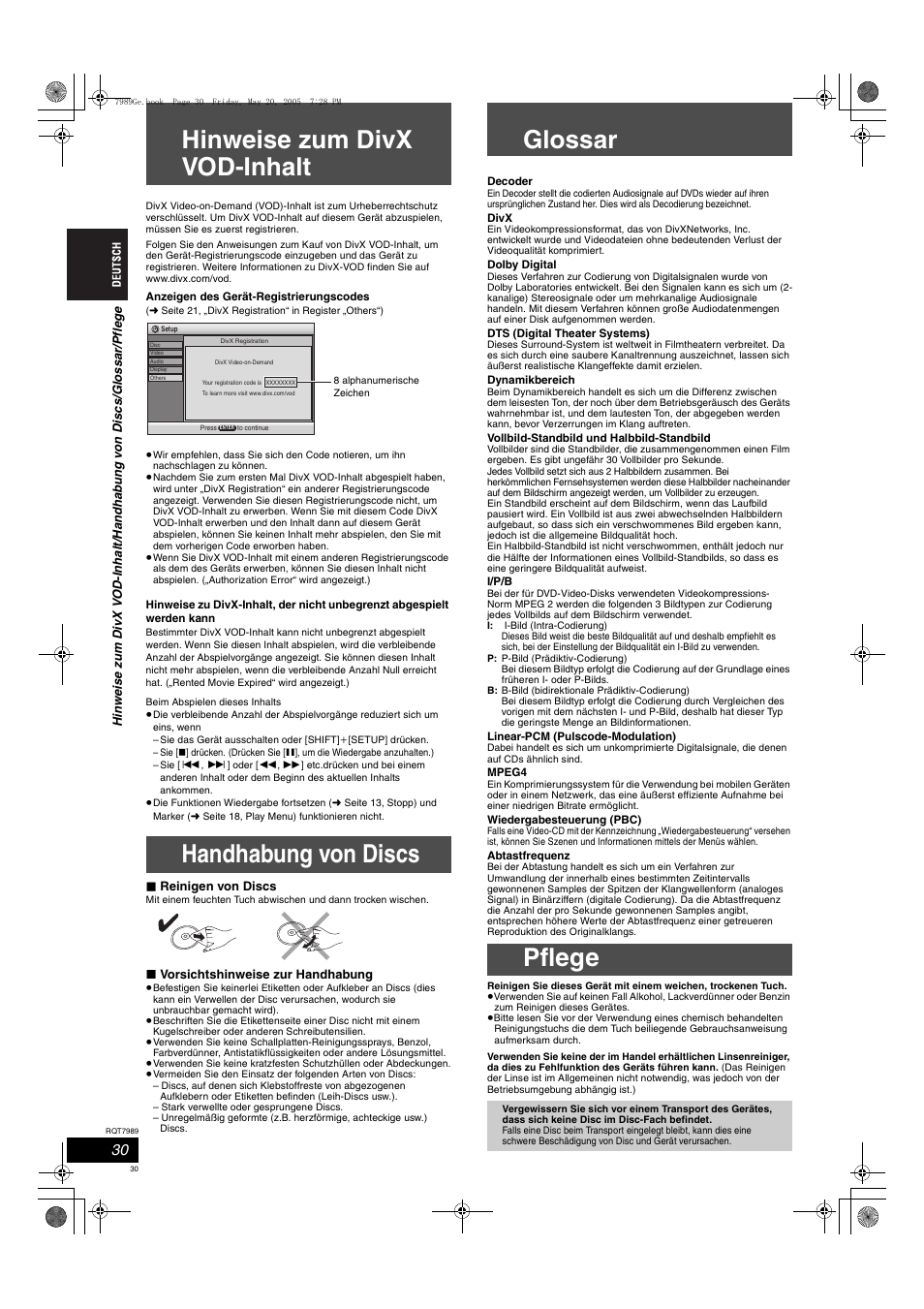 Hinweise zum divx vod-inhalt, Handhabung von discs, Glossar | Pflege | Panasonic SCHT885W User Manual | Page 30 / 104