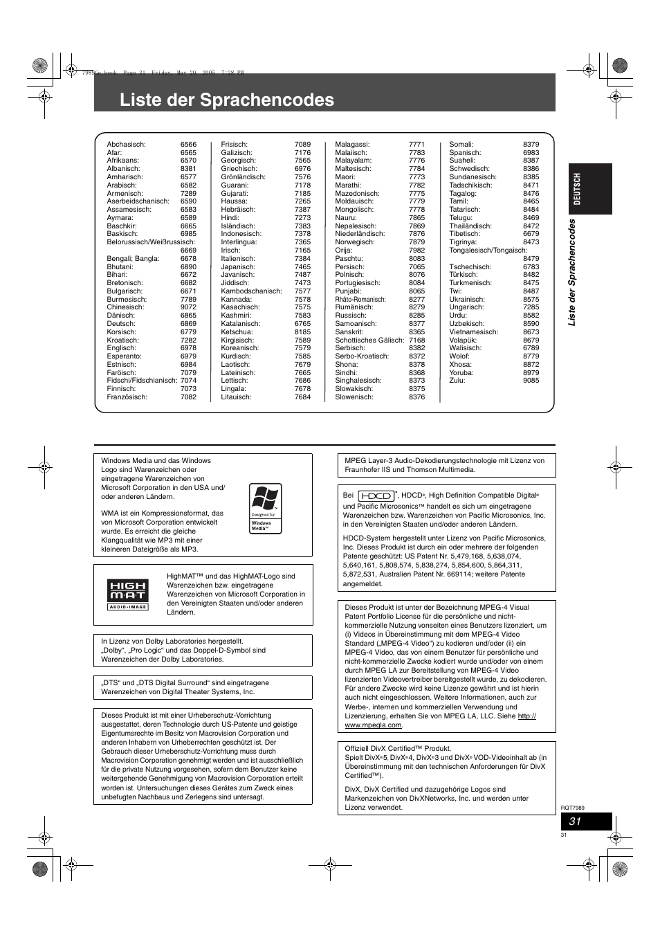 Liste der sprachencodes | Panasonic SCHT885W User Manual | Page 31 / 104