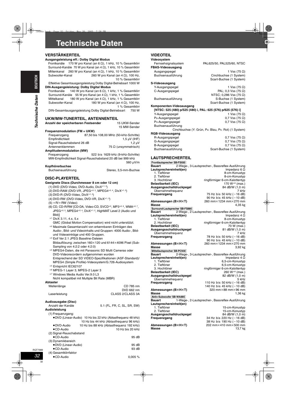 Technische daten | Panasonic SCHT885W User Manual | Page 32 / 104