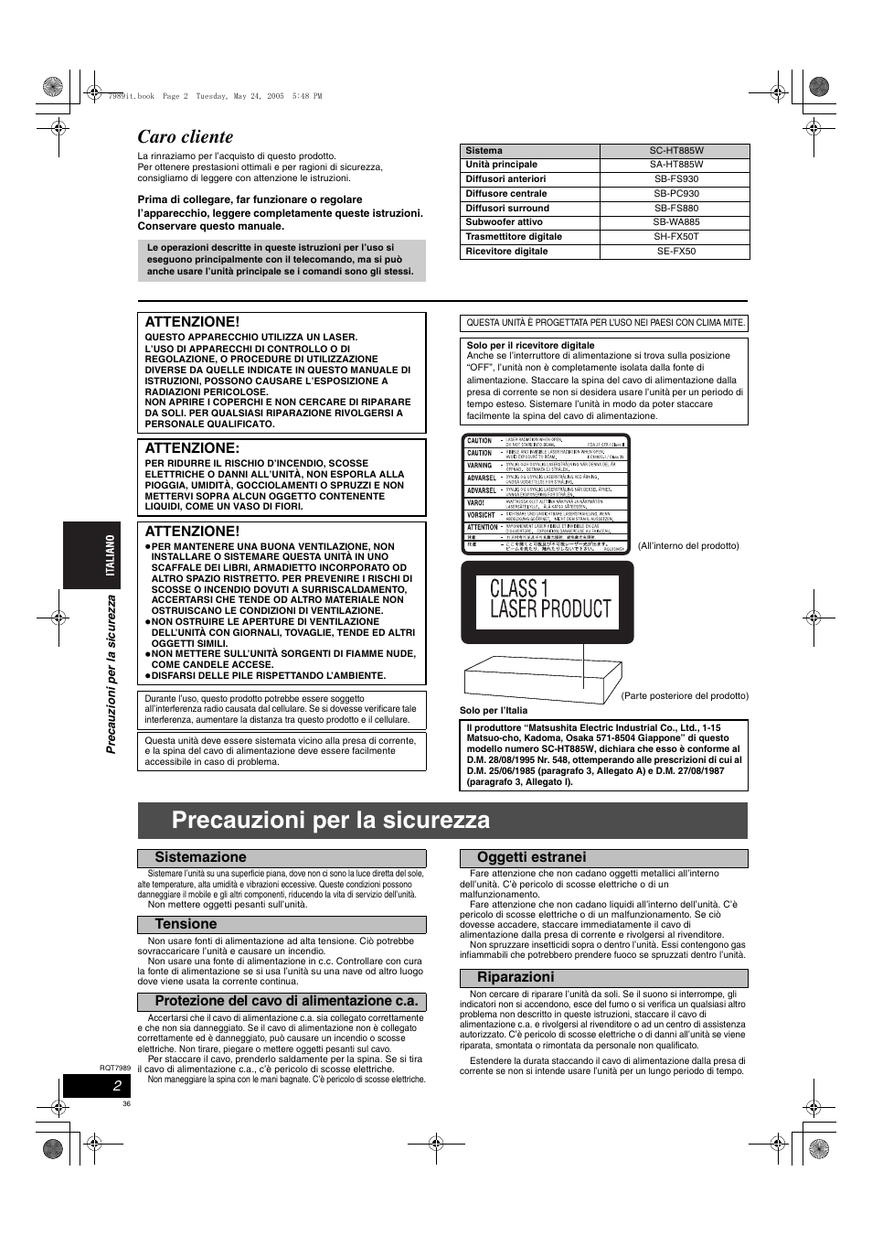 Precauzioni per la sicurezza, Caro cliente, Attenzione | Panasonic SCHT885W User Manual | Page 36 / 104