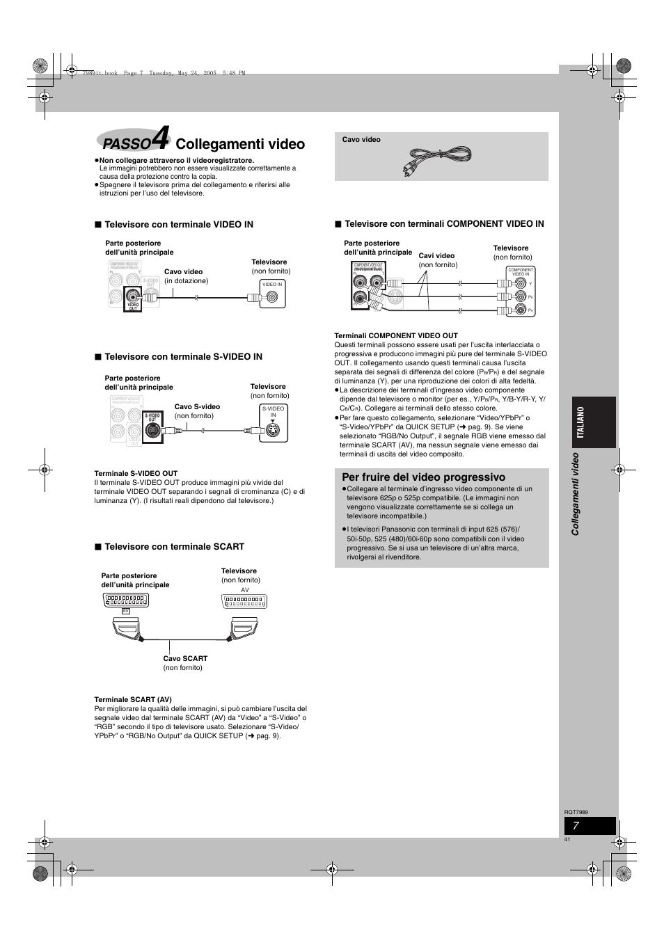 Passo, Collegamenti video, Per fruire del video progressivo | Televisore con terminale scart, Televisore con terminali component video in, Colle g a ment i vide o | Panasonic SCHT885W User Manual | Page 41 / 104