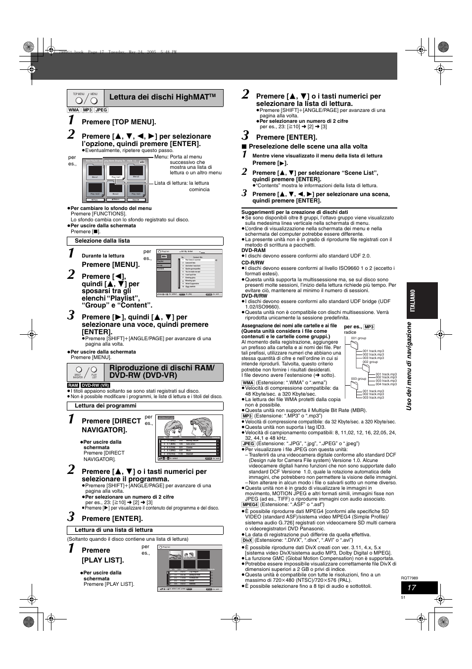 Lettura dei dischi highmat, Riproduzione di dischi ram/ dvd-rw (dvd-vr), Premere [top menu | Premere [menu, Premere [direct navigator, Premere [enter, Premere [play list, Us o de i me n u di na v iga z ione, Preselezione delle scene una alla volta | Panasonic SCHT885W User Manual | Page 51 / 104