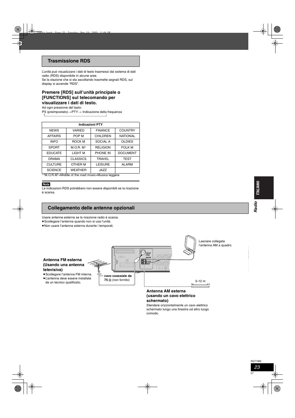 Trasmissione rds, Collegamento delle antenne opzionali, Ra dio | Antenna fm esterna (usando una antenna televisiva) | Panasonic SCHT885W User Manual | Page 57 / 104