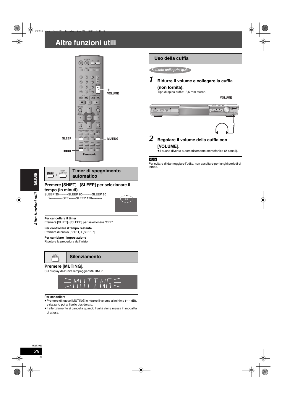 Altre funzioni utili, Timer di spegnimento automatico silenziamento, Uso della cuffia | Premere [muting, Regolare il volume della cuffia con [volume, Open close, Altr e funz ioni utili | Panasonic SCHT885W User Manual | Page 62 / 104