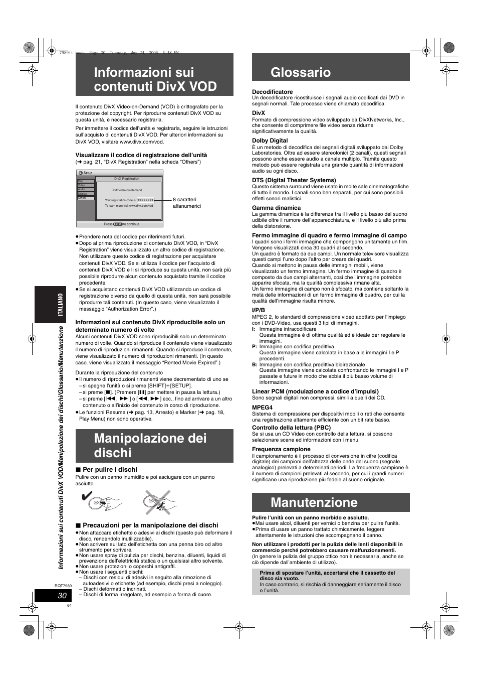 Informazioni sui contenuti divx vod, Manipolazione dei dischi, Glossario | Manutenzione | Panasonic SCHT885W User Manual | Page 64 / 104