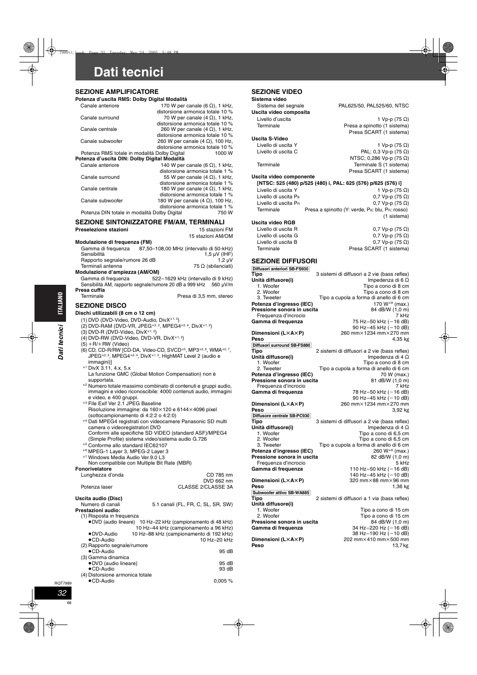Dati tecnici | Panasonic SCHT885W User Manual | Page 66 / 104