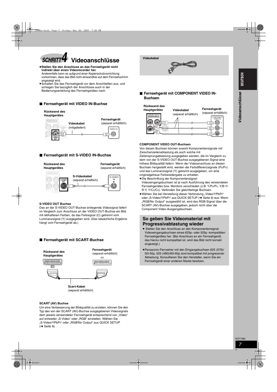 Schritt, Videoanschlüsse, Fernsehgerät mit scart-buchse | Fernsehgerät mit component video in- buchsen | Panasonic SCHT885W User Manual | Page 7 / 104