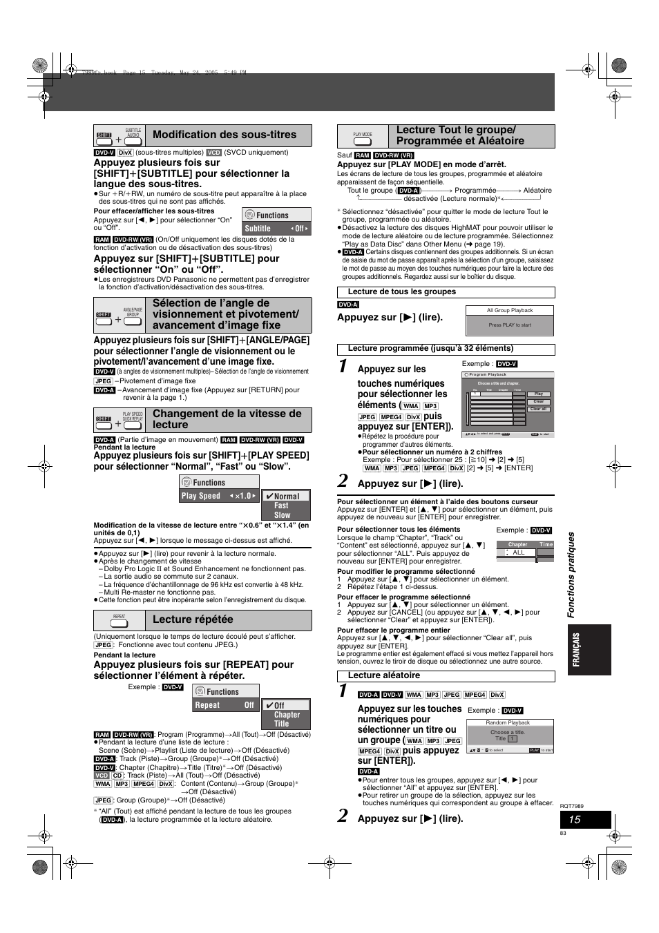 Lecture tout le groupe/ programmée et aléatoire, Appuyez sur [ 1 ] (lire), Puis appuyez sur [enter]) | Panasonic SCHT885W User Manual | Page 83 / 104