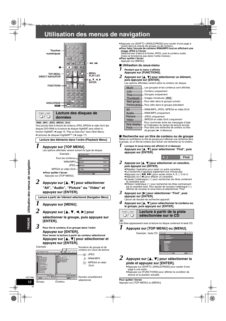 Utilisation des menus de navigation, Lecture des disques de données, Appuyez sur [top menu | Appuyez sur [menu, Appuyez sur [enter, Appuyez sur [top menu] ou [menu, Utilisation du sous-menu, Recherche sur un titre de contenu ou de groupe | Panasonic SCHT885W User Manual | Page 84 / 104
