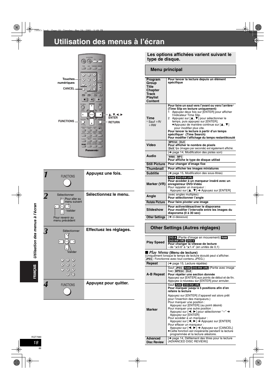 Utilisation des menus à l’écran, Other settings (autres réglages), Play menu | Appuyez une fois, Sélectionnez le menu, Effectuez les réglages, Appuyez pour quitter | Panasonic SCHT885W User Manual | Page 86 / 104