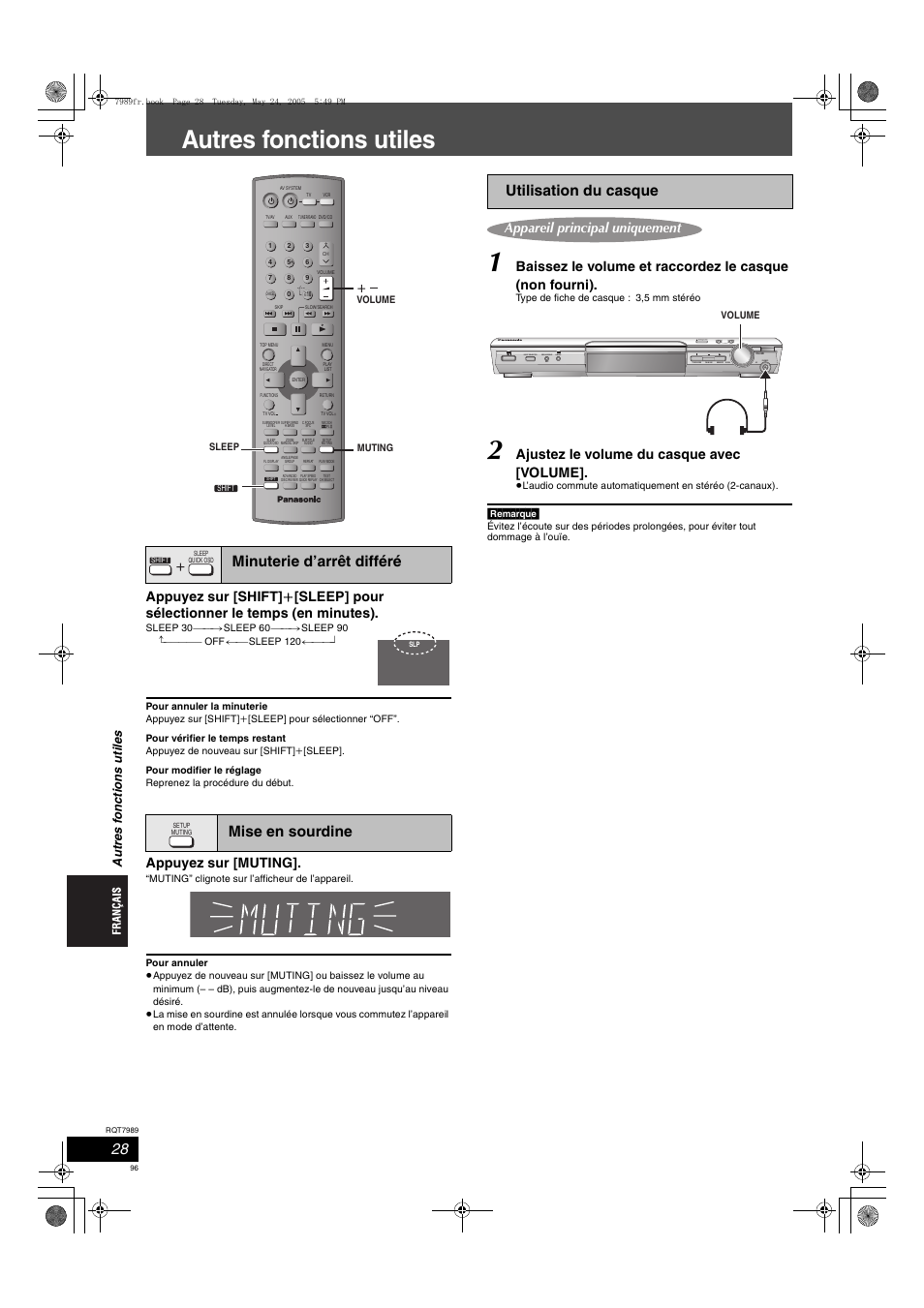 Autres fonctions utiles, Minuterie d’arrêt différé mise en sourdine, Utilisation du casque | Appuyez sur [muting, Ajustez le volume du casque avec [volume, Open close | Panasonic SCHT885W User Manual | Page 96 / 104