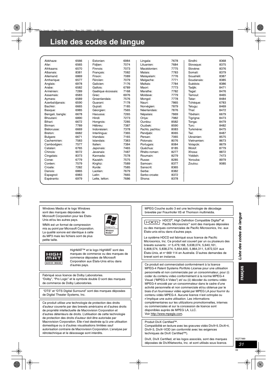 Liste des codes de langue | Panasonic SCHT885W User Manual | Page 99 / 104
