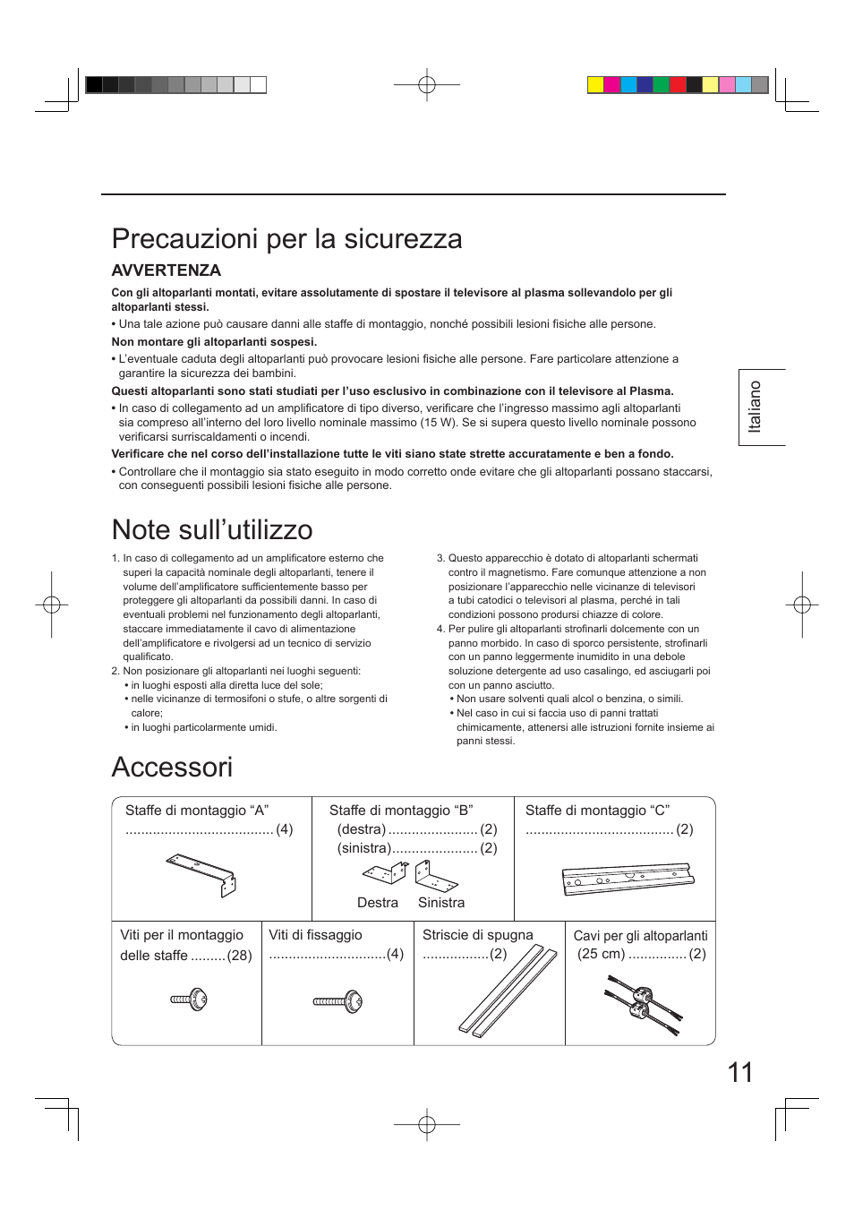 Precauzioni per la sicurezza accessori, Avvertenza, Italiano | Panasonic TYSP65PV500 User Manual | Page 11 / 40