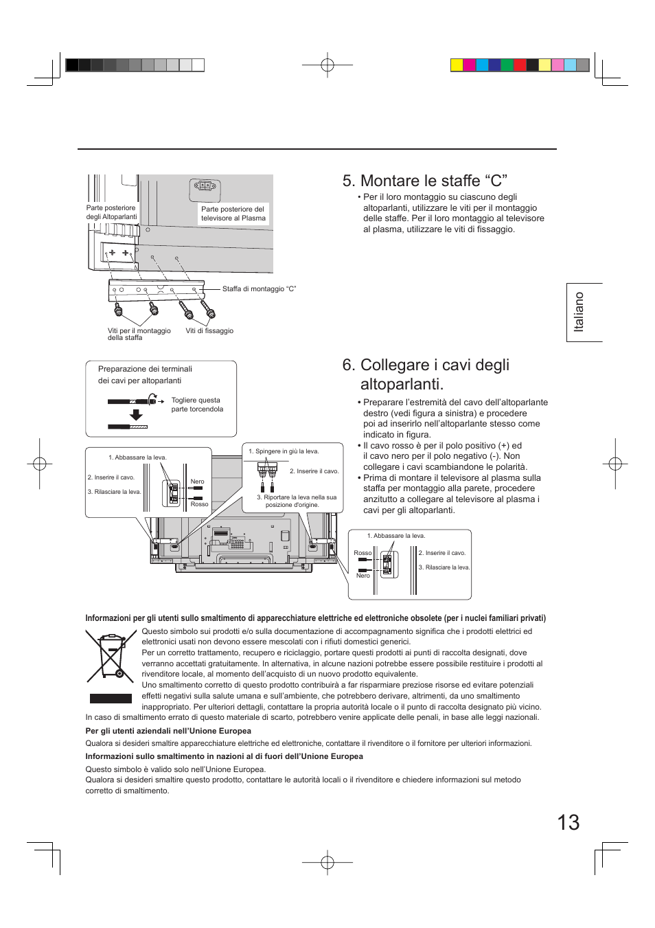 Collegare i cavi degli altoparlanti, Montare le staffe “c, Italiano | Panasonic TYSP65PV500 User Manual | Page 13 / 40