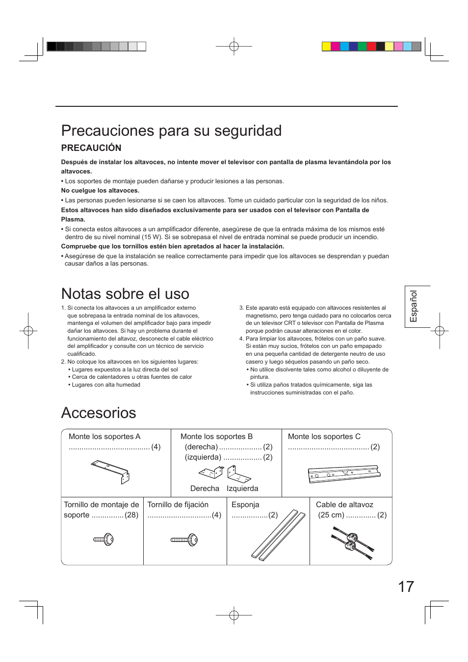 Precauciones para su seguridad accesorios, Notas sobre el uso, Precaución | Español | Panasonic TYSP65PV500 User Manual | Page 17 / 40