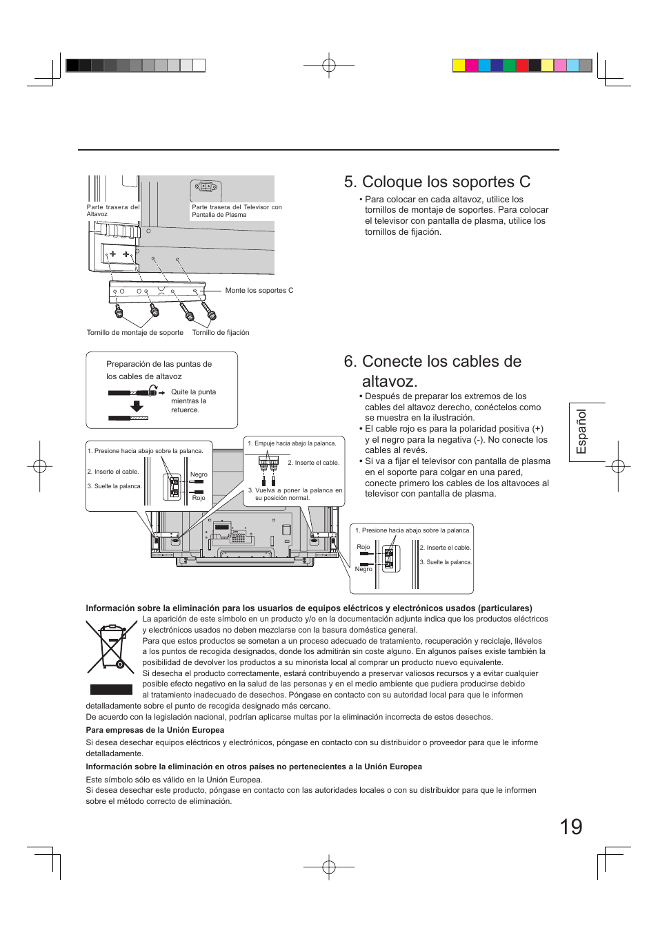 Conecte los cables de altavoz, Coloque los soportes c, Español | Panasonic TYSP65PV500 User Manual | Page 19 / 40