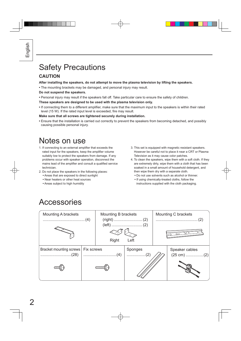 Safety precautions accessories | Panasonic TYSP65PV500 User Manual | Page 2 / 40