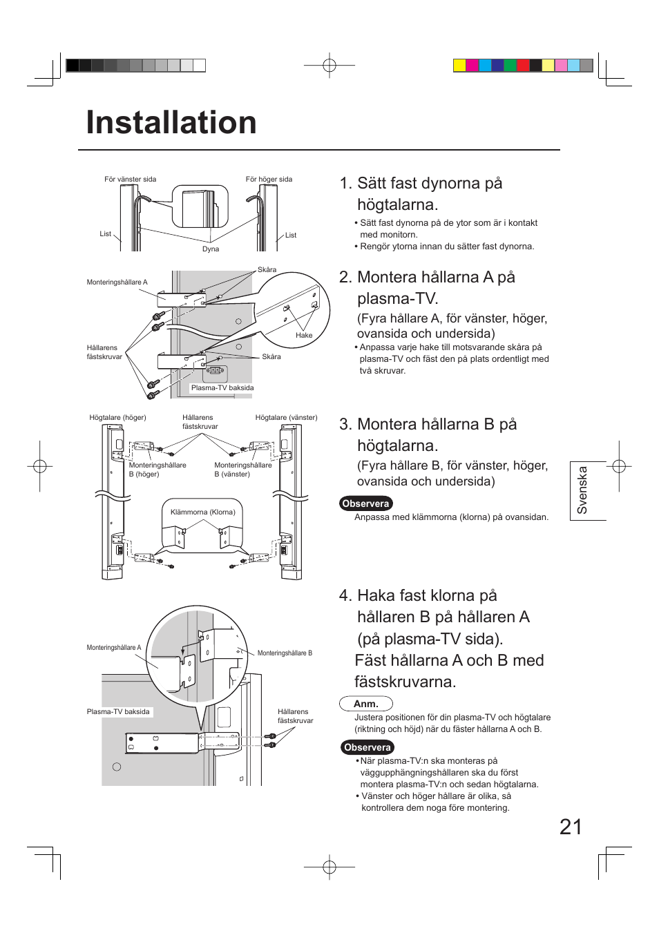 Installation, Montera hållarna a på plasma-tv, Montera hållarna b på högtalarna | Sätt fast dynorna på högtalarna, Svenska | Panasonic TYSP65PV500 User Manual | Page 21 / 40