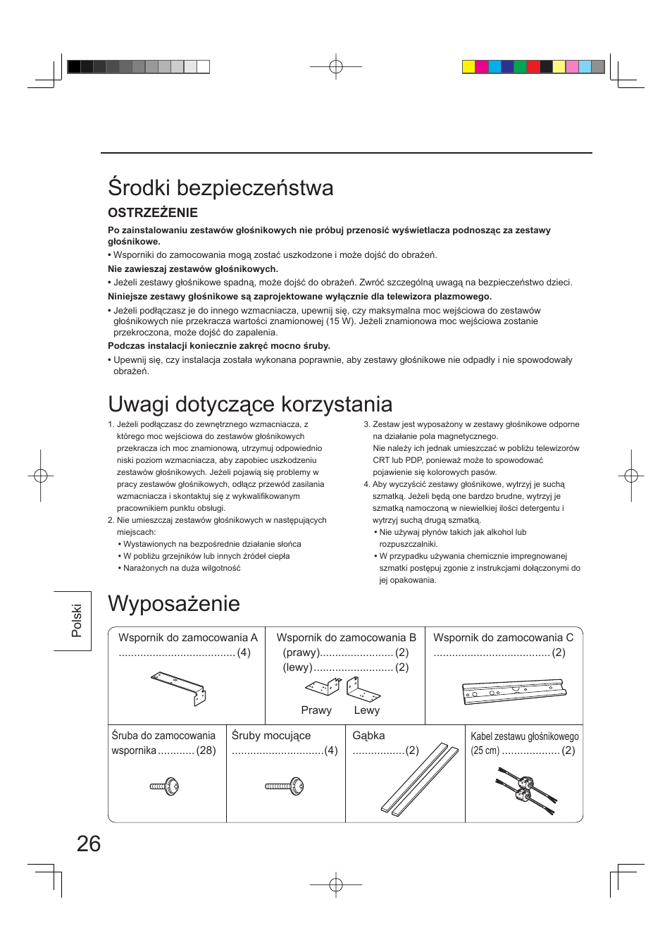 Środki bezpieczeństwa wyposażenie, Uwagi dotyczące korzystania, Ostrzeżenie | Polski | Panasonic TYSP65PV500 User Manual | Page 26 / 40