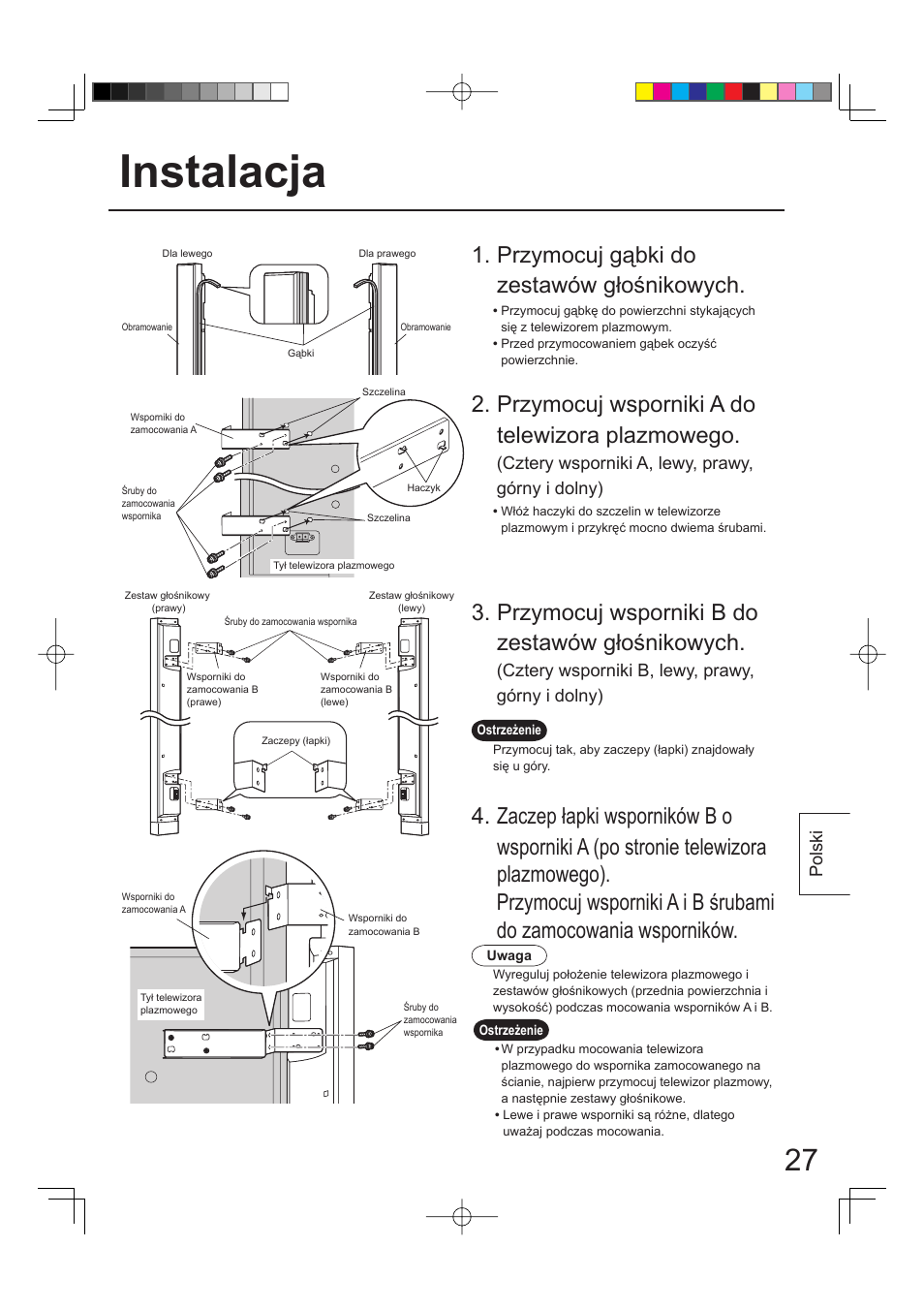 Instalacja, Przymocuj wsporniki a do telewizora plazmowego, Przymocuj wsporniki b do zestawów głośnikowych | Przymocuj gąbki do zestawów głośnikowych, Polski, Cztery wsporniki a, lewy, prawy, górny i dolny), Cztery wsporniki b, lewy, prawy, górny i dolny) | Panasonic TYSP65PV500 User Manual | Page 27 / 40