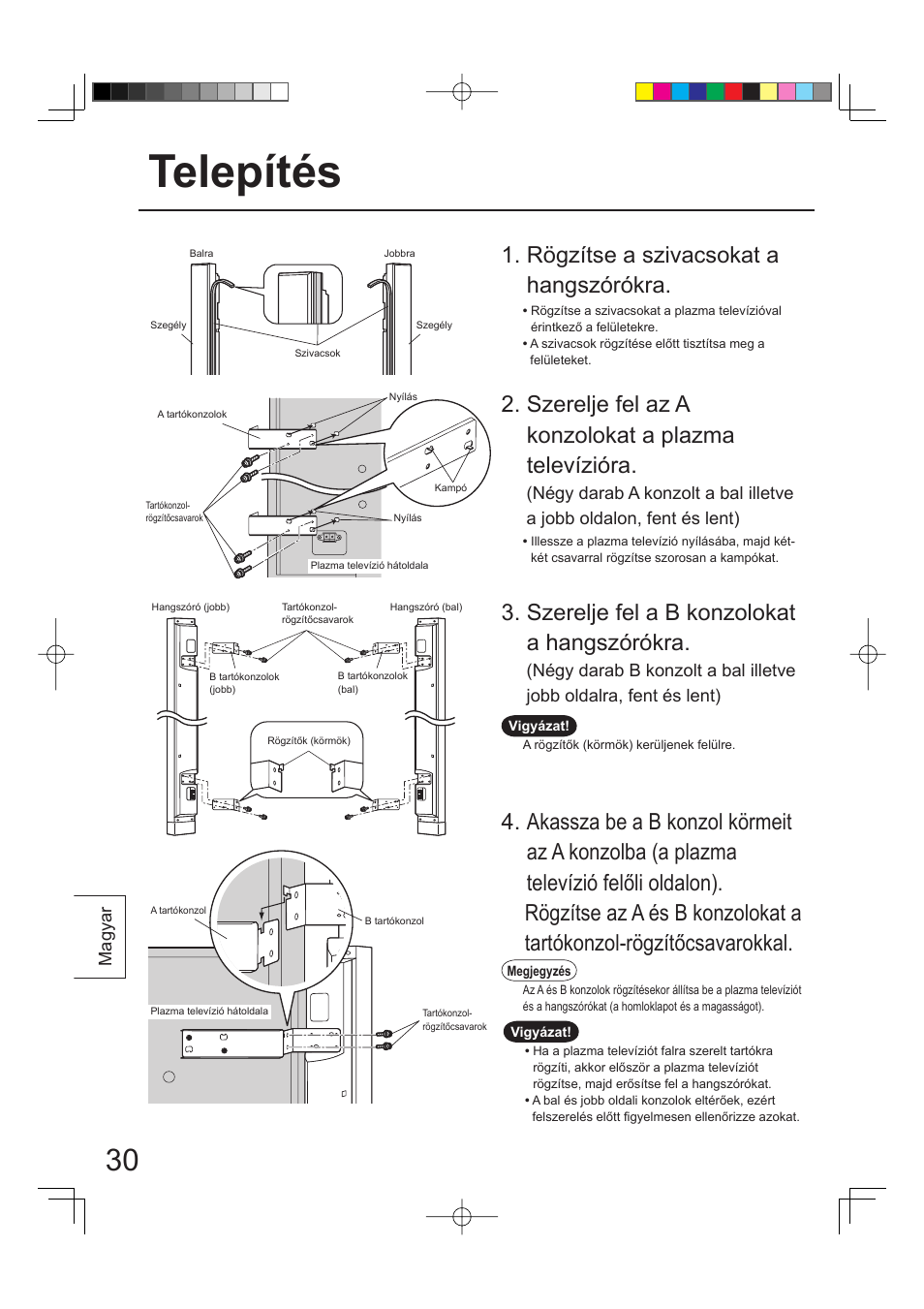 Telepítés, Szerelje fel az a konzolokat a plazma televízióra, Szerelje fel a b konzolokat a hangszórókra | Rögzítse a szivacsokat a hangszórókra, Magyar | Panasonic TYSP65PV500 User Manual | Page 30 / 40
