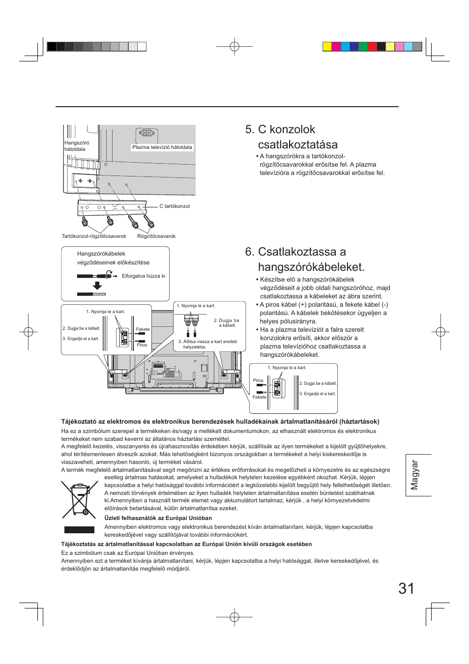 Csatlakoztassa a hangszórókábeleket, C konzolok csatlakoztatása, Magyar | Panasonic TYSP65PV500 User Manual | Page 31 / 40