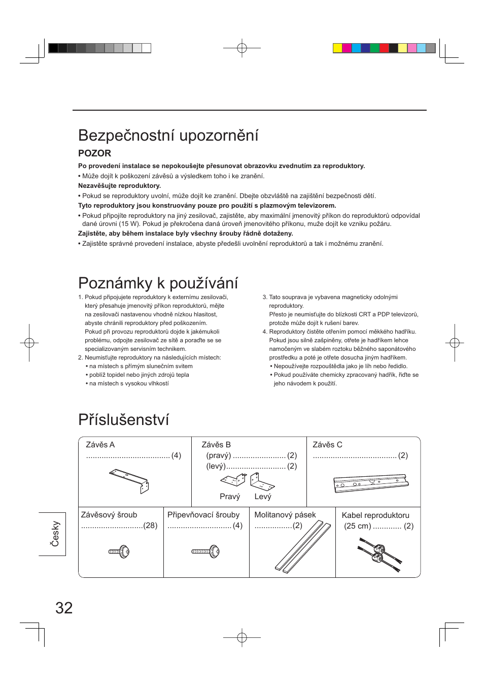 Bezpečnostní upozornění příslušenství, Poznámky k používání | Panasonic TYSP65PV500 User Manual | Page 32 / 40