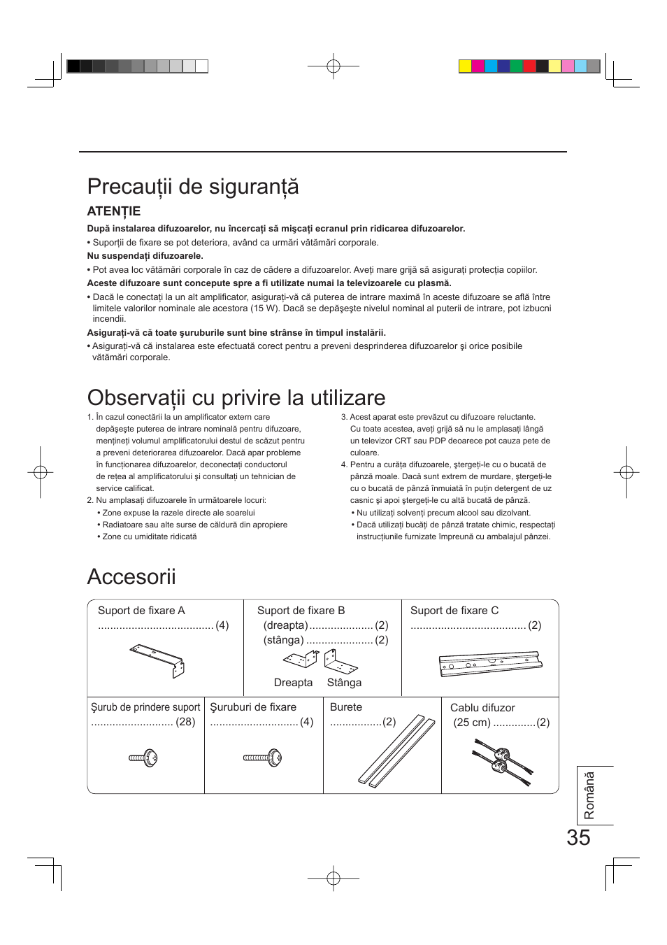 Precauţii de siguranţă accesorii, Observaţii cu privire la utilizare | Panasonic TYSP65PV500 User Manual | Page 35 / 40