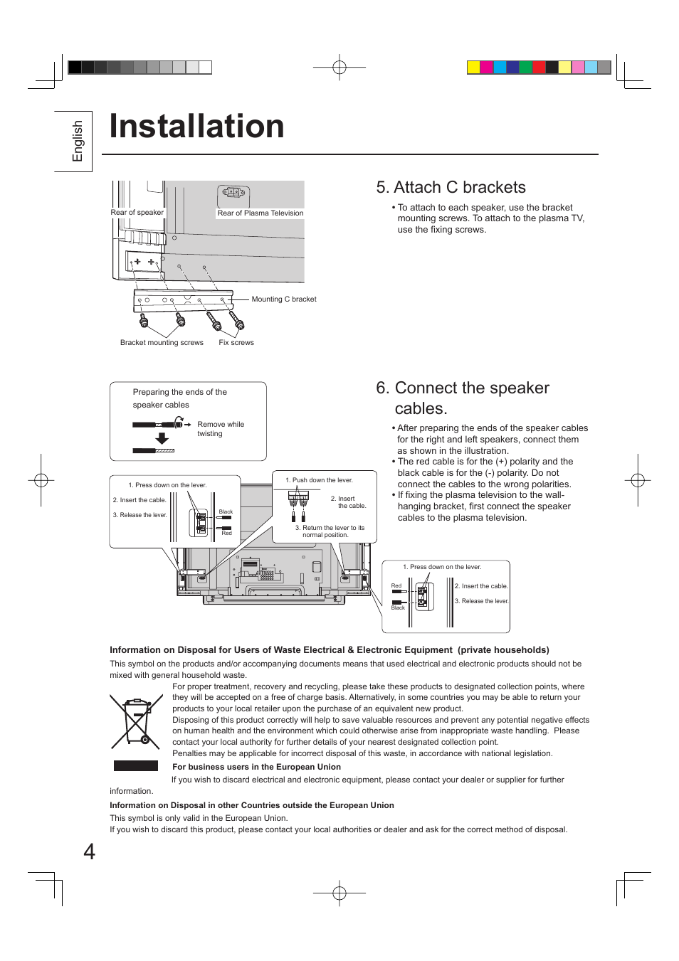 Installation, Connect the speaker cables, Attach c brackets | English | Panasonic TYSP65PV500 User Manual | Page 4 / 40