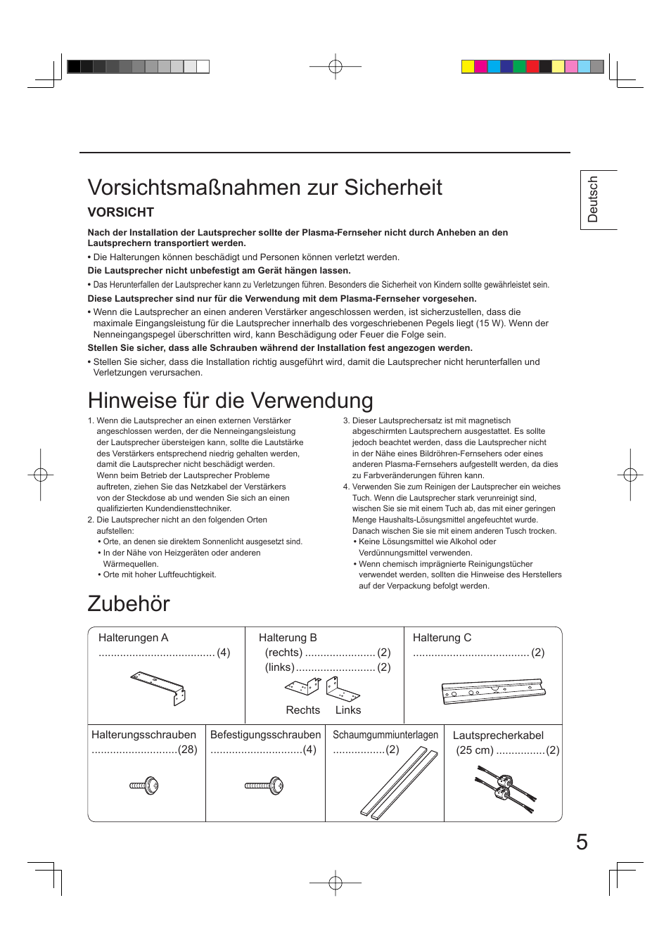 Vorsichtsmaßnahmen zur sicherheit zubehör, Hinweise für die verwendung, Deutsch | Vorsicht | Panasonic TYSP65PV500 User Manual | Page 5 / 40