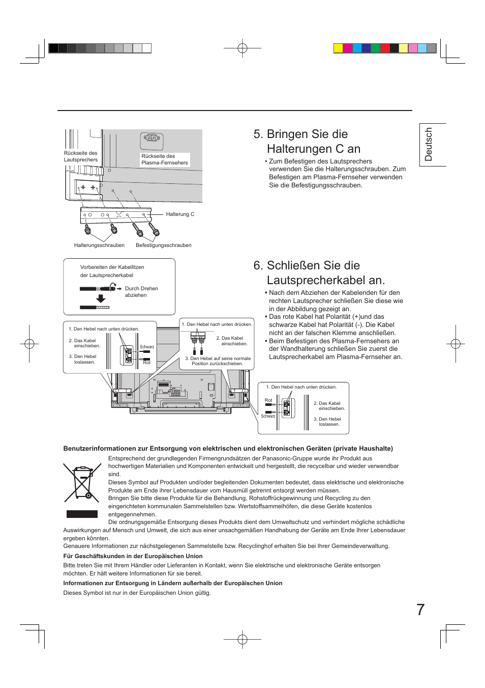 Schließen sie die lautsprecherkabel an, Bringen sie die halterungen c an, Deutsch | Panasonic TYSP65PV500 User Manual | Page 7 / 40