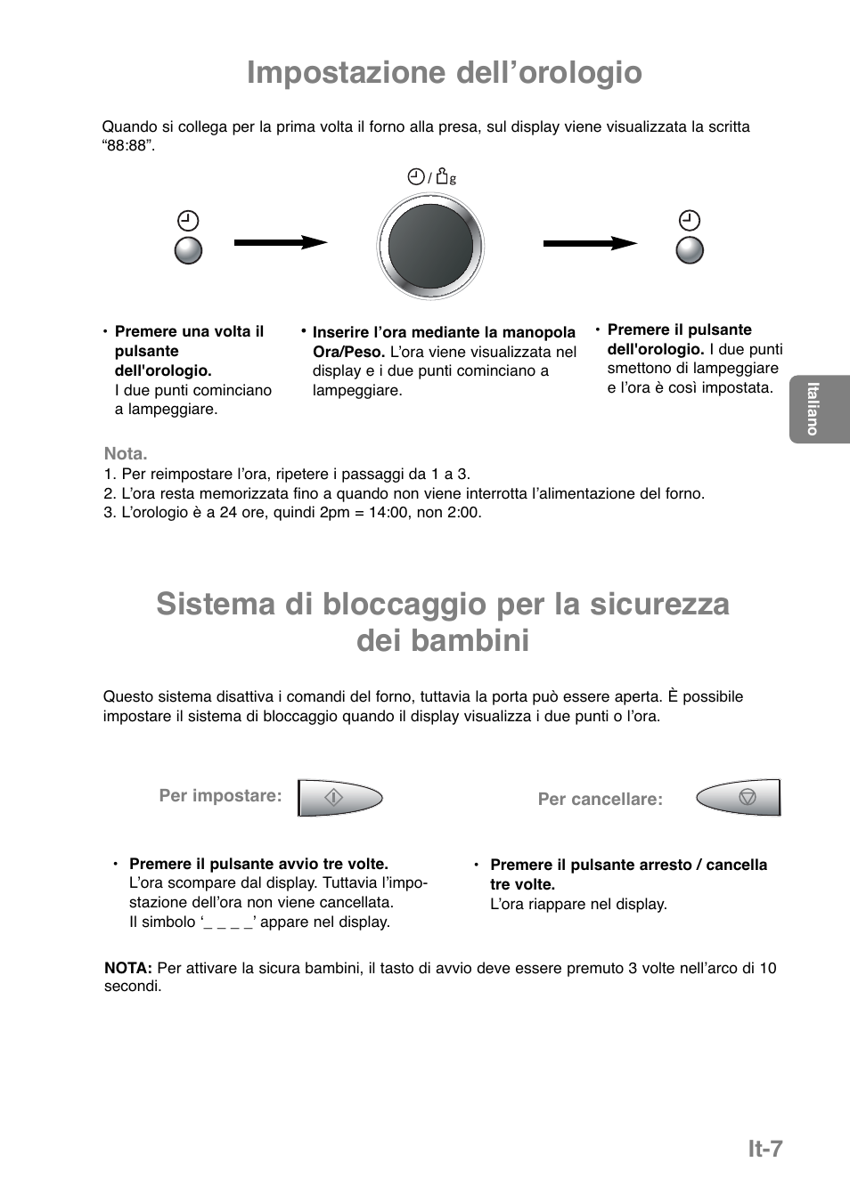 Impostazione dellʼorologio, Sistema di bloccaggio per la sicurezza dei bambini, It-7 | Panasonic NNGD369MEPG User Manual | Page 109 / 303