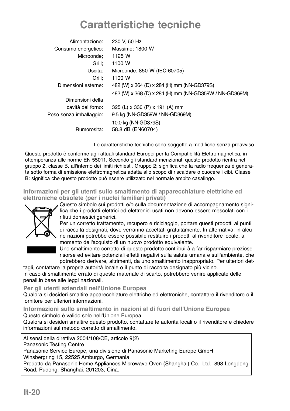 Caratteristiche tecniche, It-20 | Panasonic NNGD369MEPG User Manual | Page 122 / 303