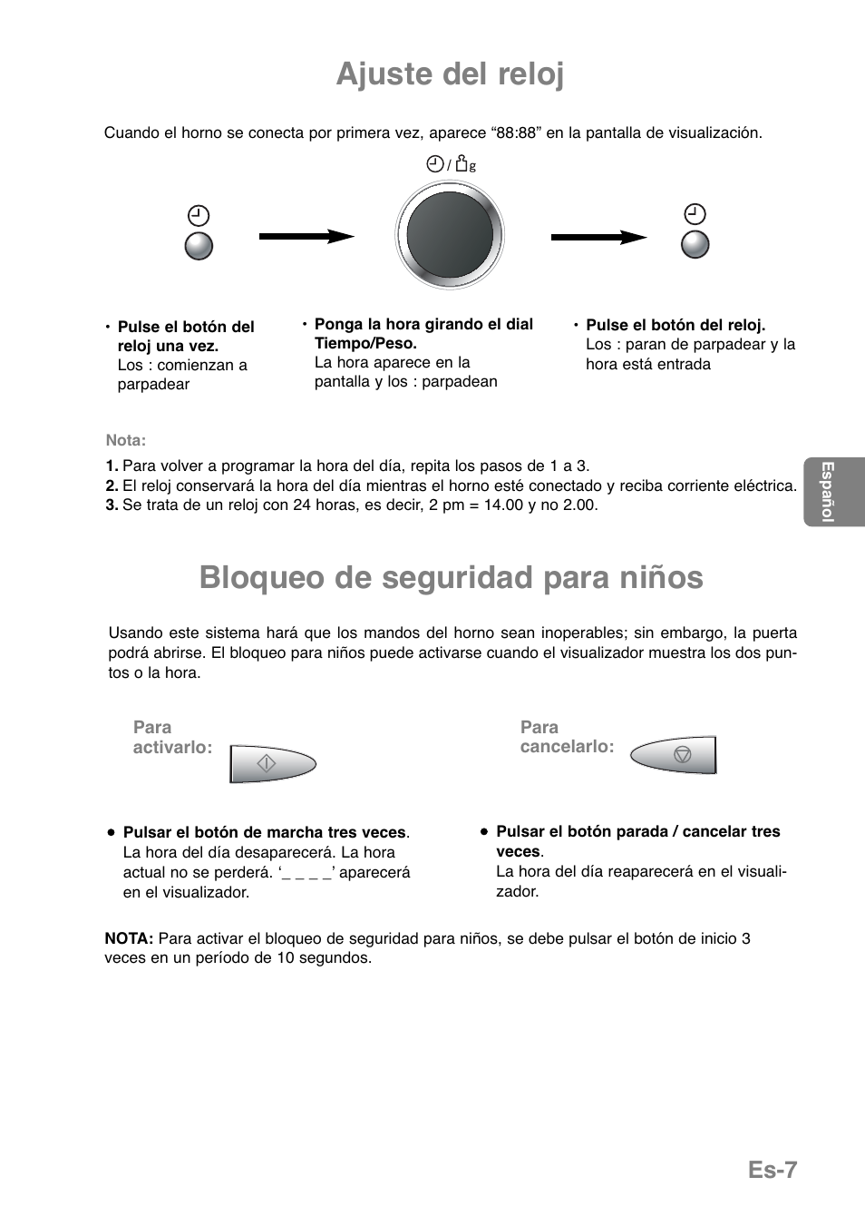 Ajuste del reloj, Bloqueo de seguridad para niños, Es-7 | Panasonic NNGD369MEPG User Manual | Page 129 / 303