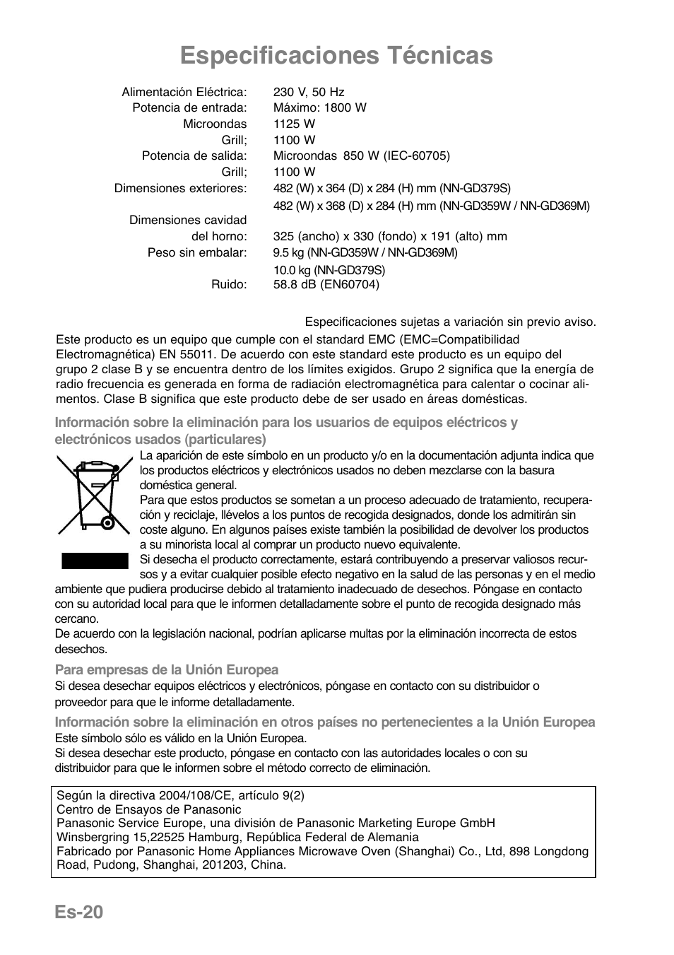 Especificaciones técnicas, Es-20 | Panasonic NNGD369MEPG User Manual | Page 142 / 303