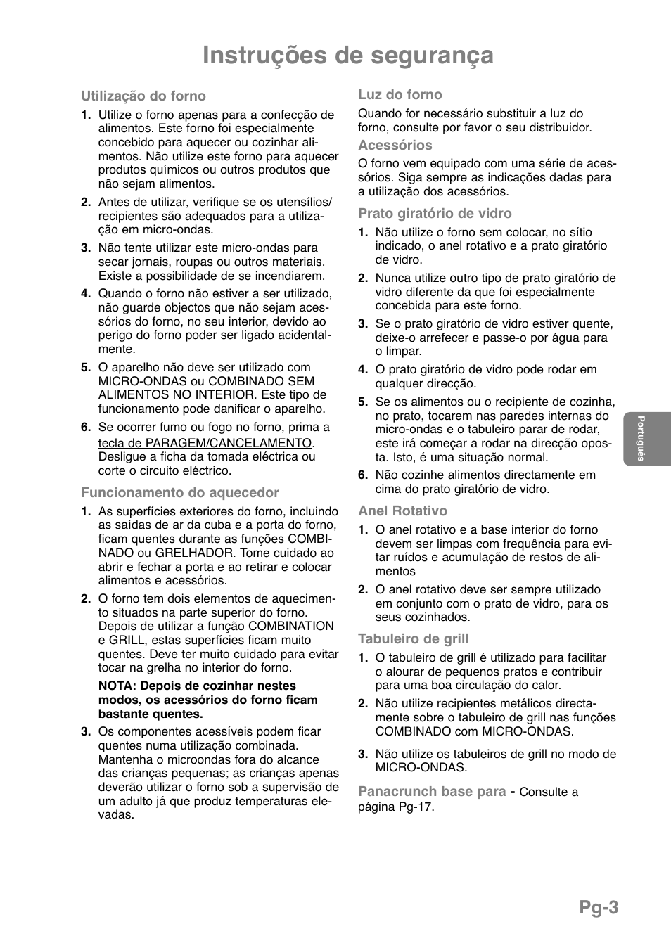 Instruções de segurança, Pg-3 | Panasonic NNGD369MEPG User Manual | Page 145 / 303