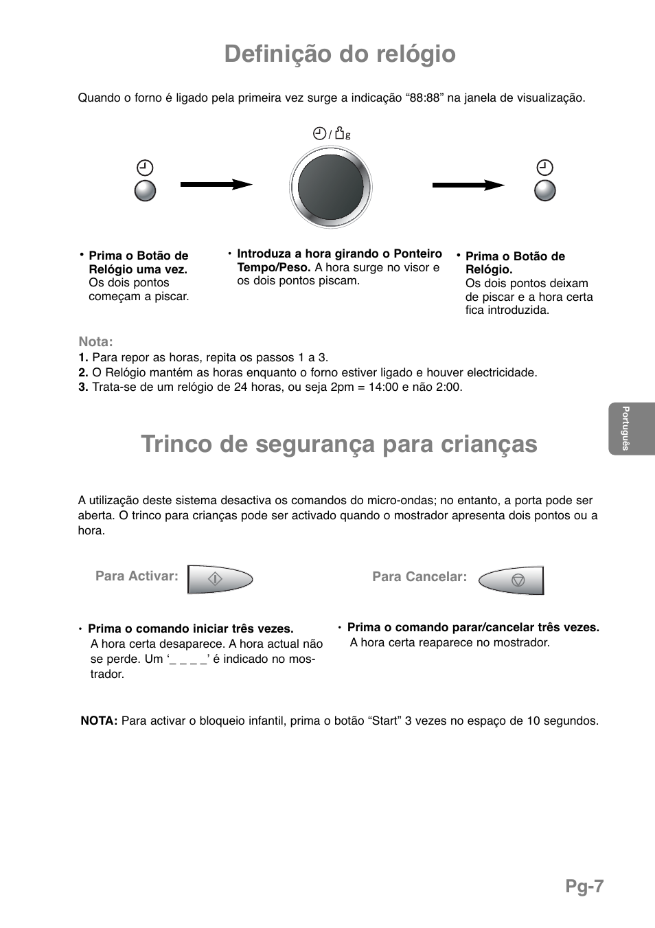 Definição do relógio, Trinco de segurança para crianças, Pg-7 | Panasonic NNGD369MEPG User Manual | Page 149 / 303